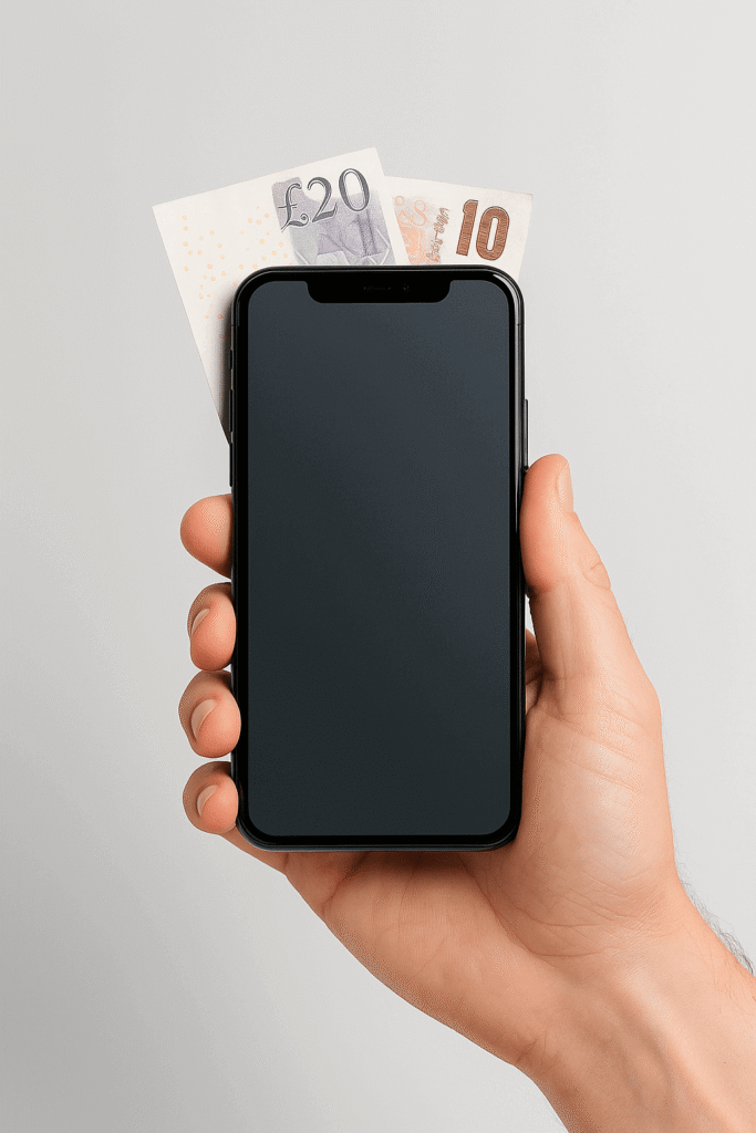 Hand holding smartphone with British pound notes – Sell your phone for cash at iFixMobileUK